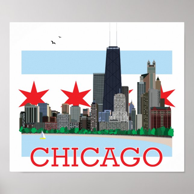 Poster Pavillon de ville et Skyline de Chicago (Devant)
