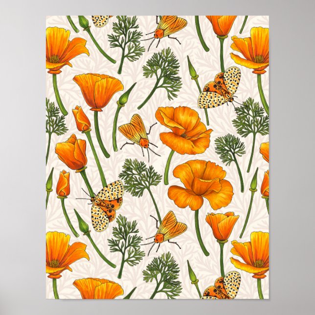 Poster Pavot de Californie et papillons de nuit sur blanc (Devant)
