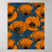 Pavot orange sur bleu foncé
