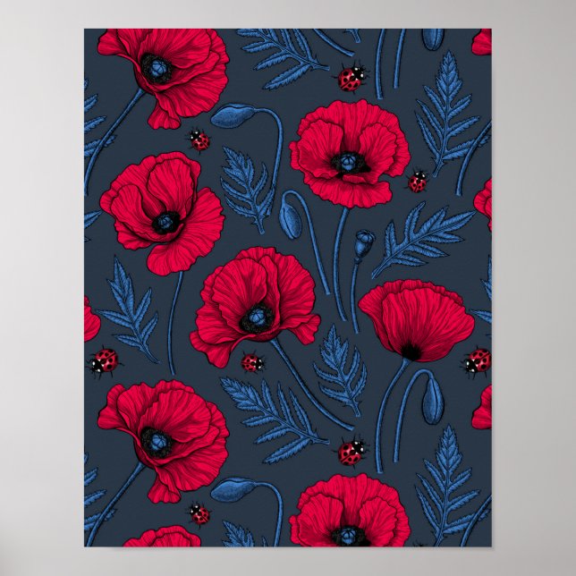 Poster Pavot rouge et coccinelle bleu foncé (Devant)