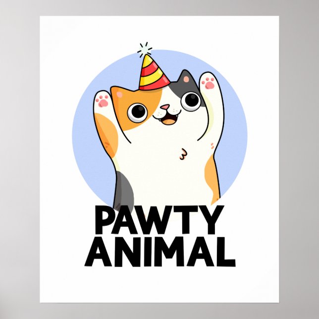 Poster Pawty Animal Funny Party Chat Pun (Devant)