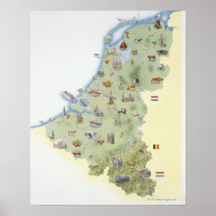Poster Pays-Bas, carte montrant les caractéristiques dist