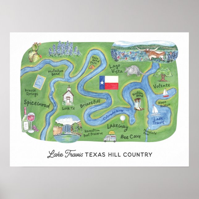 Poster Pays du lac Travis Texas Hill Carte illustrée (Devant)