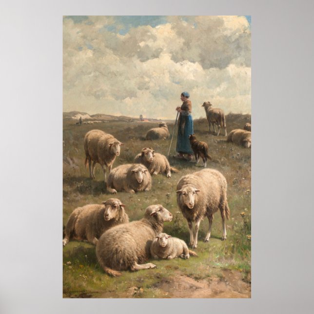 Poster Paysage à flanc de colline avec mouton et berger (Devant)