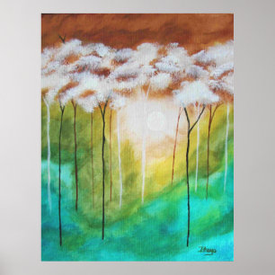 Poster Paysage Abstrait, Arbres maigres, Turquoise, Or