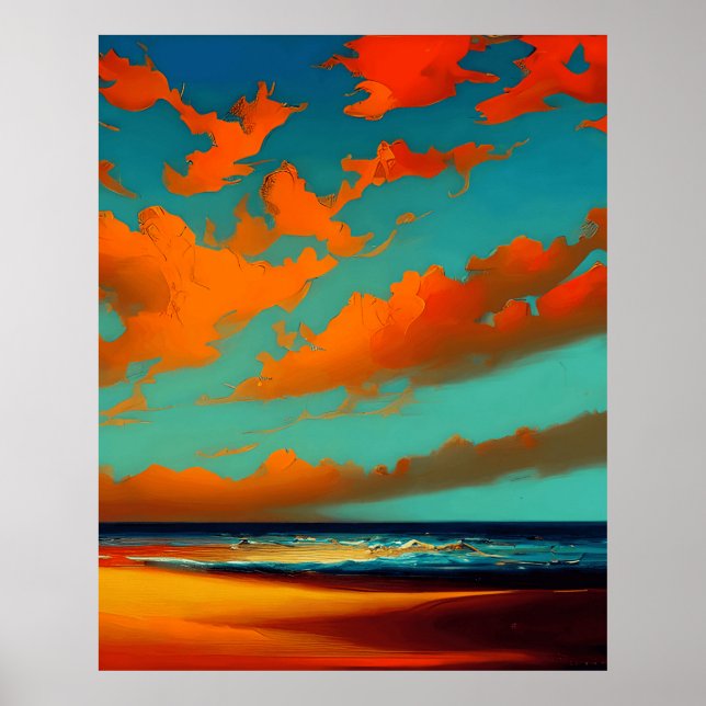 Poster Paysage Abstrait avec coucher de soleil turquoise  (Devant)
