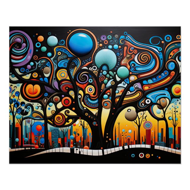 Poster Paysage Abstrait de l'arbre à fleurs colorées Natu (Devant)