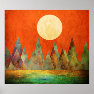 Poster Paysage Abstrait Pleine lune Montagnes Orange Sky