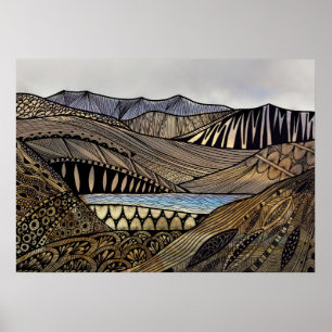 Poster Paysage Abstrait soleil montagnes et rivière