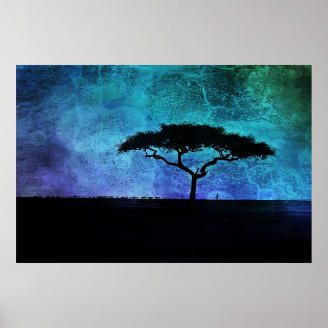 Poster Paysage africain de l'acacia en bleu et violet (Devant)