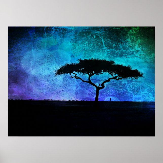 Poster Paysage africain de l'acacia en bleu et violet (Devant)
