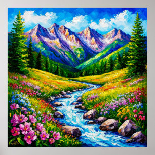 Poster Paysage alpin avec fleurs sauvages en fleurs