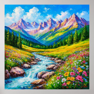 Poster Paysage alpin avec fleurs sauvages en fleurs
