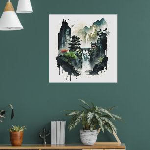 Poster Paysage antique de l'encre chinoise avec cascade