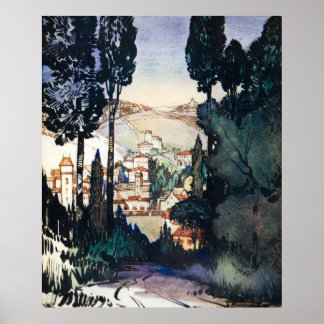 Poster Paysage antique vintage Aquarelle Fiesole Italie