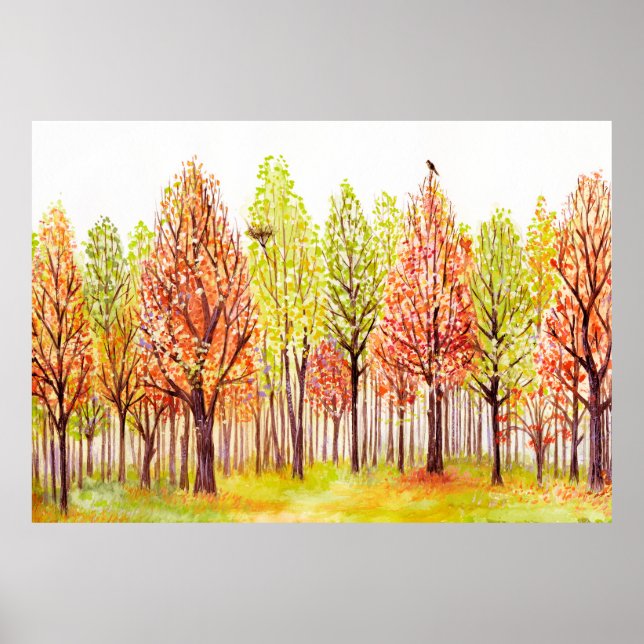 Poster Paysage aquarelle avec arbres d'automne (Devant)