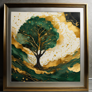 Poster Paysage Aquarelle Peinture Abstraite Vert Or