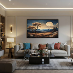 Poster Paysage au Clair de Lune Arbres Dorés Montagnes