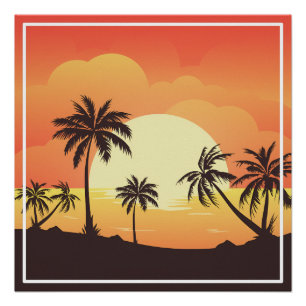 Poster Paysage au coucher du soleil avec palmiers