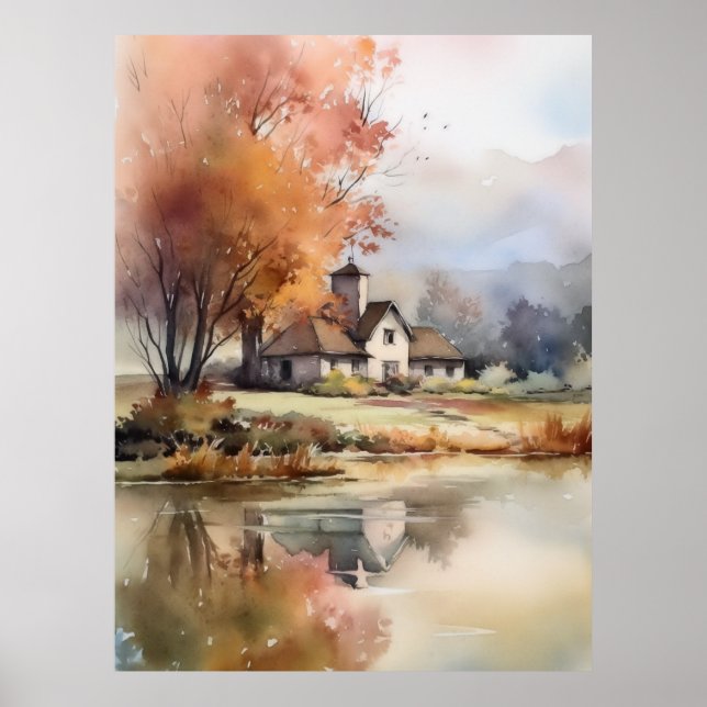 Poster Paysage Automne Paysage Paysage Aquarelle Illustra (Devant)