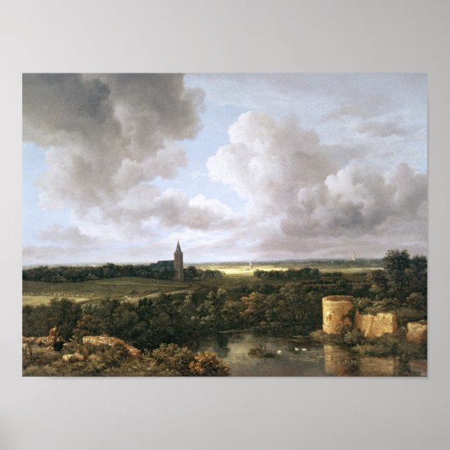 Poster Paysage avec Château en ruine et église (Devant)