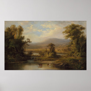 Poster Paysage avec des vaches s'abreuvant dans un ruisse