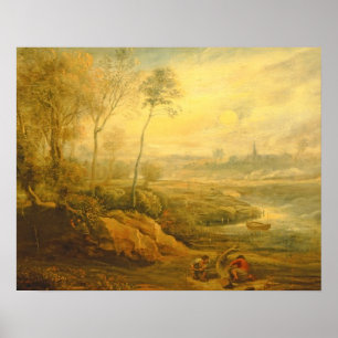 Poster Paysage avec dispositif de chasse d'oiseaux (huile