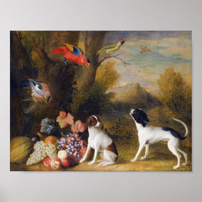 Poster Paysage avec oiseaux exotiques et deux chiens (Devant)