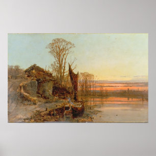 Poster Paysage avec un chalet en ruine au coucher du sole