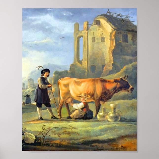 Poster Paysage avec une jeune fille traçant une vache par (Devant)