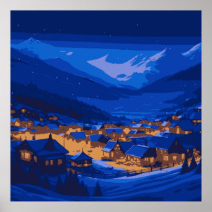 Poster Paysage bleu doré de montagne de village rétro 