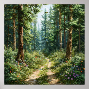 Poster 🌲 Paysage brumeux de forêt de pins vert foncé Nat