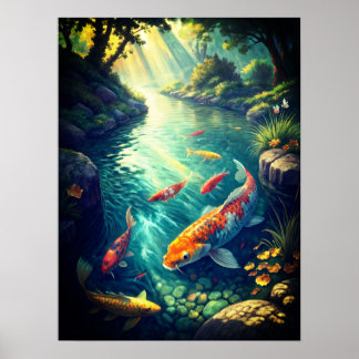 Poster Paysage chinois antique majestueux avec rivière et