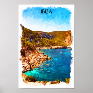 Poster Paysage coloré Ibiza Espagne aquarelle