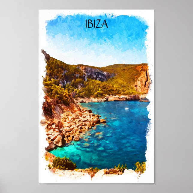 Poster Paysage coloré Ibiza Espagne aquarelle (Devant)