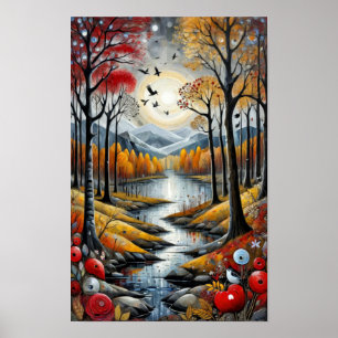 Poster Paysage coloré surréaliste avec une rivière paisib