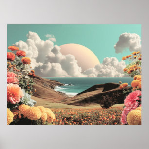 Poster Paysage côtier surréaliste avec fleurs et nuages