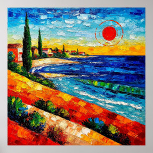 Poster Paysage côtier vibrant avec coucher de soleil colo