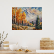 Paysage d'aquarelle Forêt d'automne avec montagne