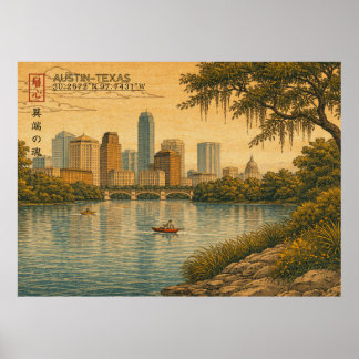 Poster Paysage d'Austin Texas dans le style Ukiyo-e japon