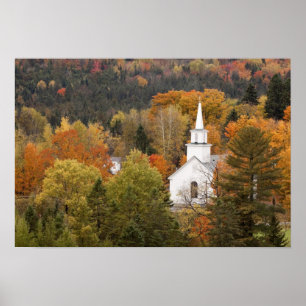 Poster Paysage d'automne avec église, Vermont, USA