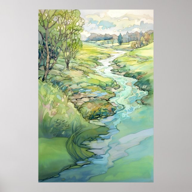 Poster Paysage de campagne peinture aquarelle (Devant)