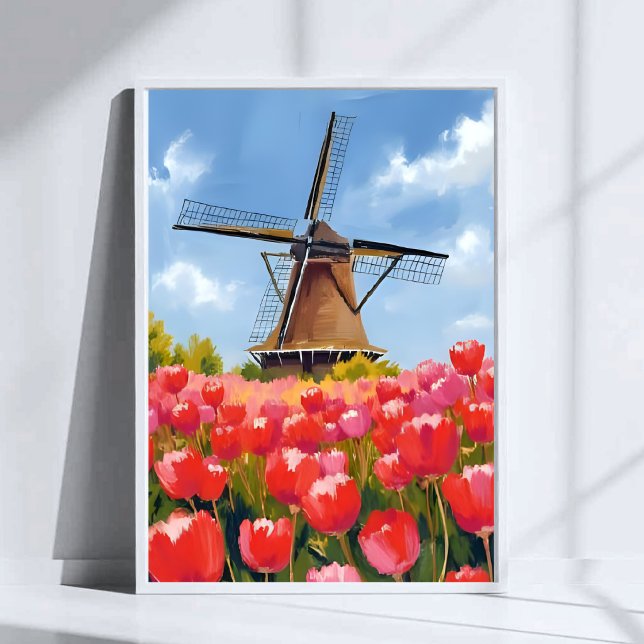 Poster Paysage de champ de tulipes de moulin à vent holla (Créateur téléchargé)