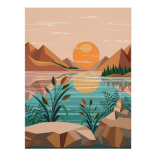 Poster Paysage de coucher de soleil au lac de montagne pa