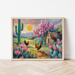 Poster Paysage de ferme Succulent du désert avec poulets