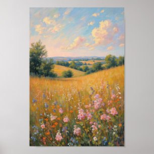 Poster Paysage de fleurs sauvages de prairie vintage sur 