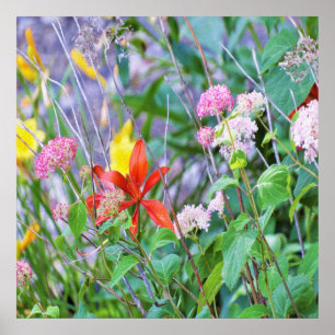 Poster Paysage de jardin orageux avec hortensia et lis
