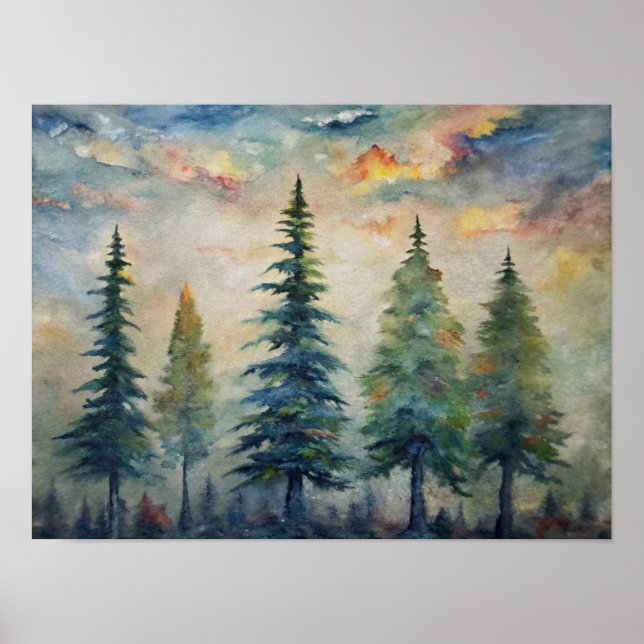 Poster Paysage de la forêt d'aquarelles, pins à Dusk (Devant)