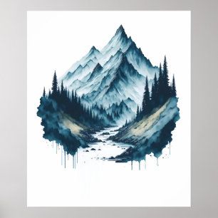 Poster Paysage de la montagne d'aquarelle avec rivière