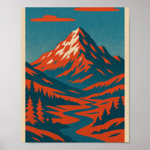 Poster Paysage de la montagne Retro   Po Vintage rouge et